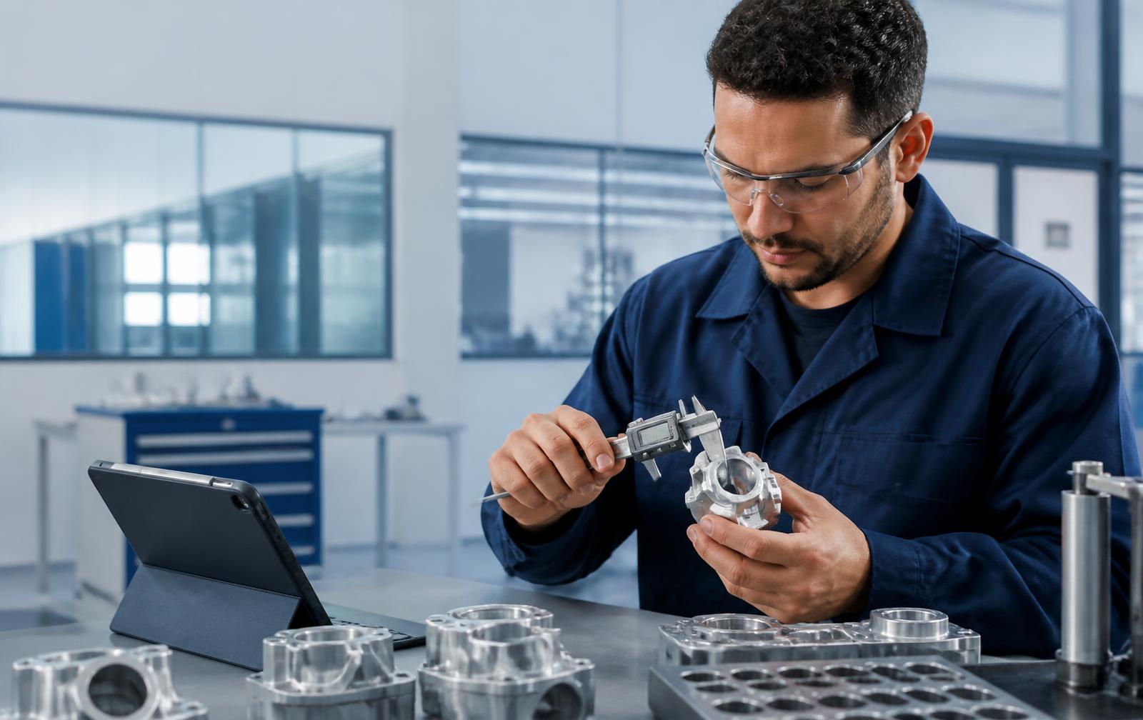 Inspetor ABCD Quality Tech verificando peça industrial com paquímetro digital
